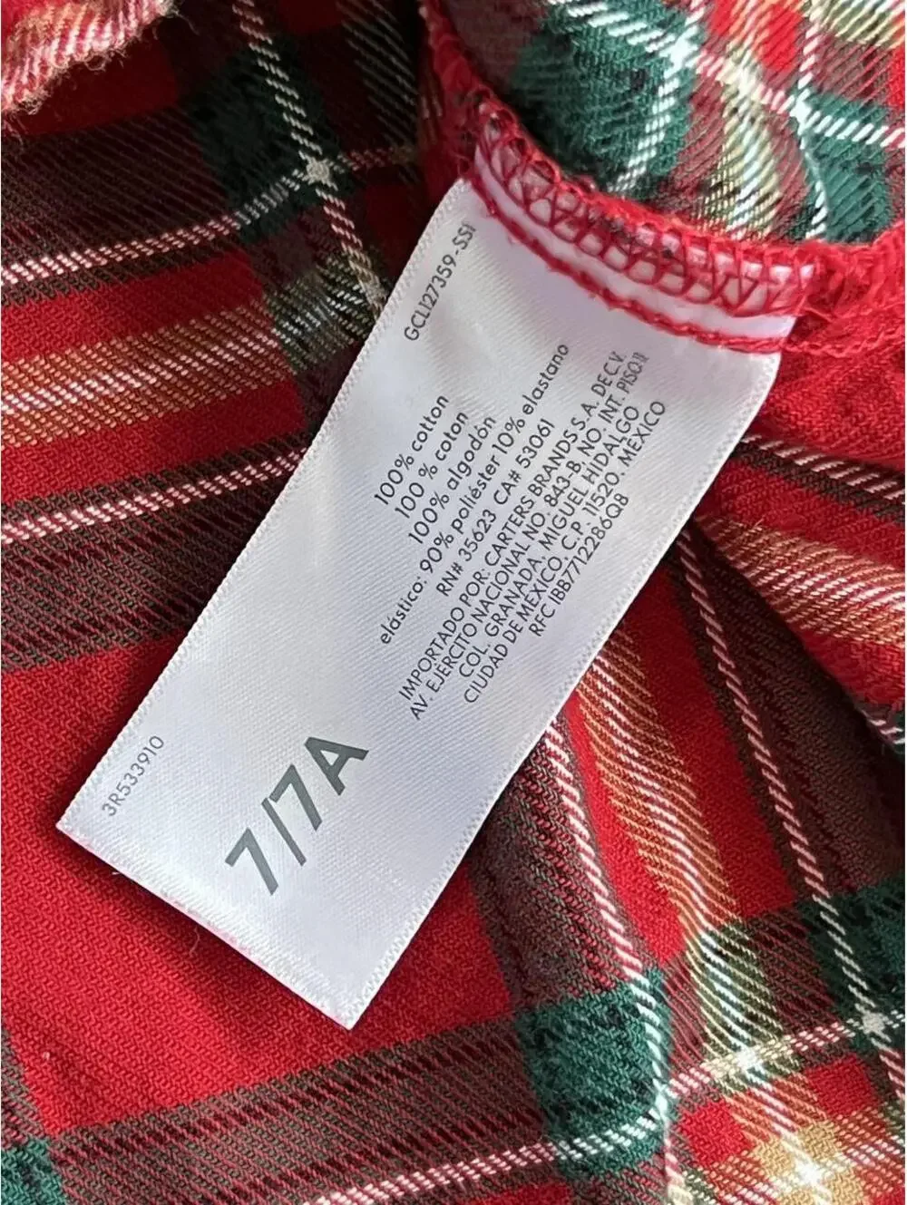 Carter's 100% Cotton Plaid Ruffle Button Front Holiday Top Girls Size 7 🧣🎄